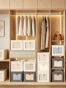 Large Capacity Storage Basket, Portable Wardrobe Storage Organizer Bag, Foldable Wardrobe With Window Storage Box, Durable Storage Container With Lid, Suitable For Blankets, Clothes, Bedding, Space Saving Storage Container, Sturdy, Travel Pouch, Wardrobe Organizer, Room Decor, Dorm Essential - Multicolor - View 7