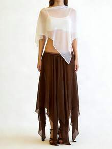 Women Chiffon Shawl Cape Mesh Sheer Poncho Top Y2K Asymmetrical Flowy Capelets For Evening Dress Shawl Wraps Cover Up Wedding Party - 白色 - 查看 2