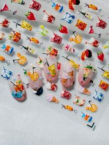 1 Sheet Fresh And Vibrant Food & Beverage Themed Nail Art Stickers, Featuring Various Drinks, Ice Cream, Strawberry, Sushi And Other Cute Food Elements, Bright And Refreshing Summer Vibe, Suitable For Personal DIY And Nail Decoration