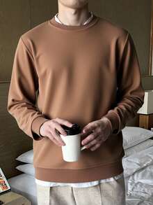 Men's Round Neck Solid Basic Cotton Good Quality Basic Sweatshirt - Beige - View 1