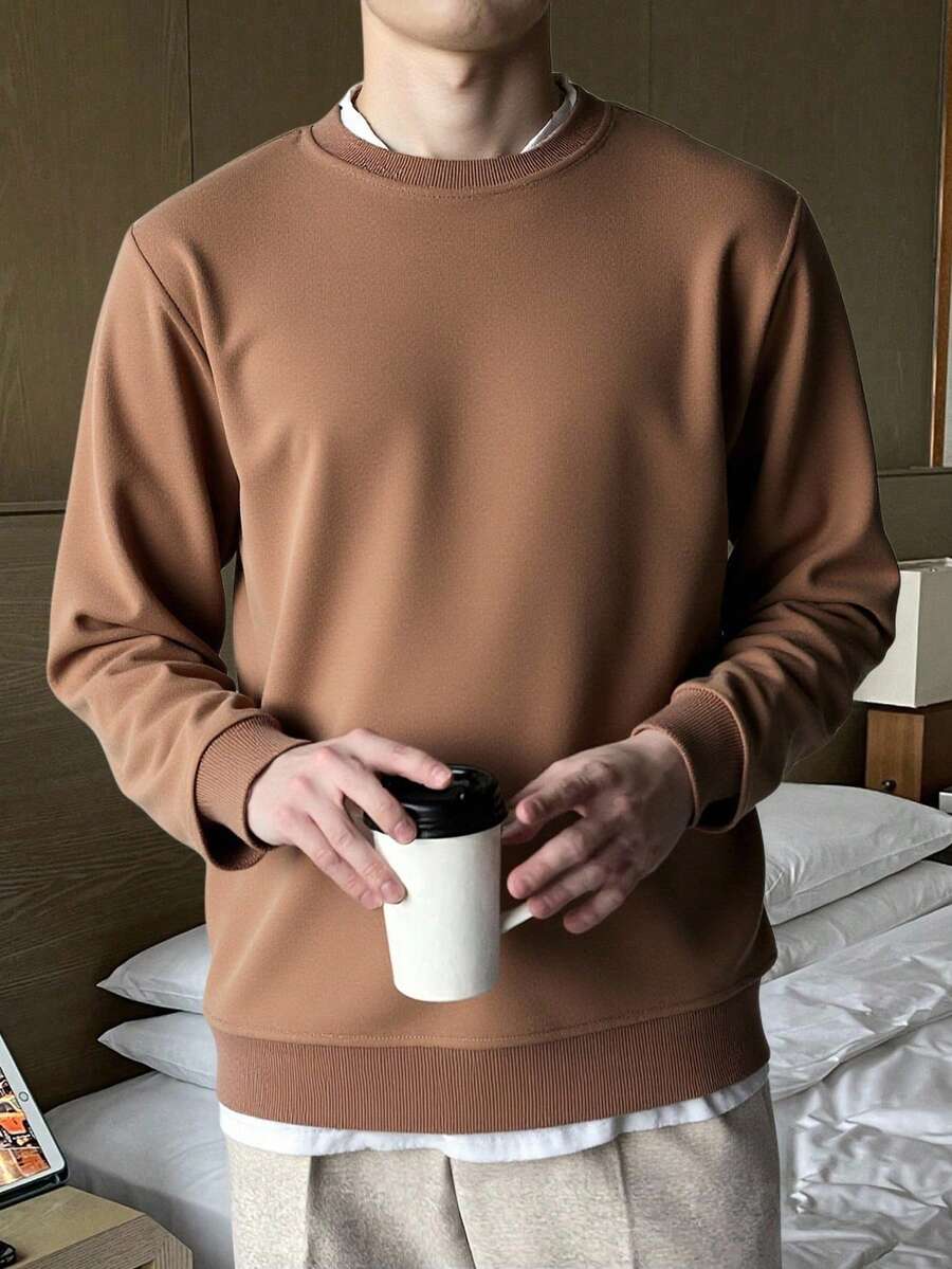 Men's Round Neck Solid Basic Cotton Good Quality Basic Sweatshirt - Beige - View 1