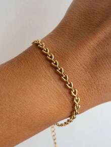 1pc Women's Layered Heart Tassel Stainless Steel Bracelet, Waterproof Beach Vacation Accessory, Daily Gift Jewelry (Random Heart Bead Count, No Gift Box) - Yellow Gold - View 7