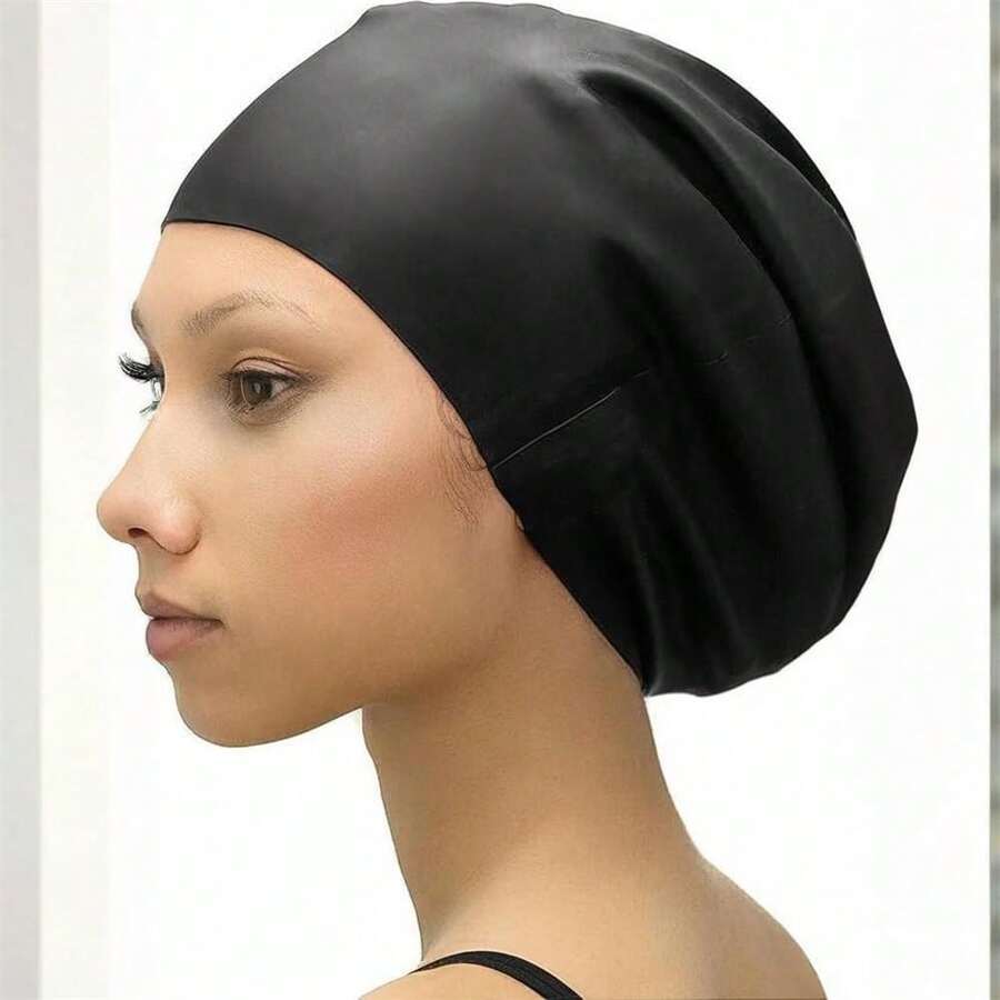 Large Swimming Cap For Long Hair - Designed For Long Hair, Dreadlocks, Weaves, Hair Extensions, Braids, Curls & Afros - Women & Men - Silicone - Black - View 1
