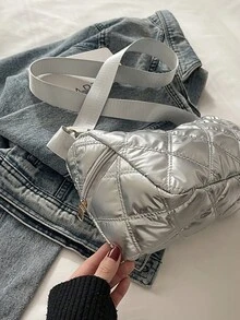 1pc Quilted Shiny Polyester Zipper Crossbody Bag, Fashionable For Women Daily Use - Silver - View 9