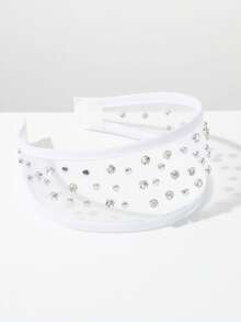 1pc Solid Color Mesh Wide-Brimmed Headband, Korean Style, Simple & Fashionable, Rhinestone Rivet Decor, Elegant & Versatile Hair Accessory For Daily Wear Hairband Hair Hoop,Summer,Holiday,Travel - White - View 4
