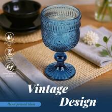 Sunflower Embossed Wine Glasses Set Of 6 – 10oz Blue Vintage Goblets, Dishwasher Friendly Stemmed Drinking Cups For Wedding Toast, Cocktail, Juice & Home Entertaining - 藏蓝色 - 查看 7