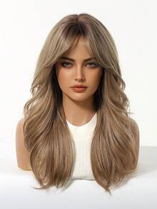 Tóc giả màu vàng sẫm thanh lịch có mái, độ dài trung bình, tóc giả tổng hợp xoăn, chịu nhiệt, hoàn hảo cho phụ nữ sử dụng hàng ngày và dự tiệc, quà tặng tóc giả cho phái đẹp. - Vàng - Xem 4