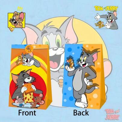 12pcs Tom And Jerry Themed Party Gift Bags, Paper Shopping Bags With Handles, Cartoon Character Design, Suitable For Wedding, Birthday, Halloween, Christmas And Thanksgiving Celebrations