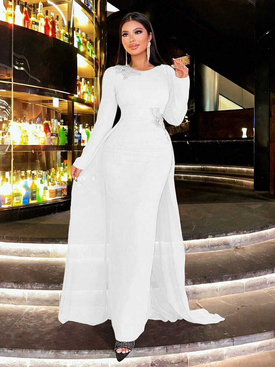 CHOSMO Vestido elegante de mujer con cuello redondo, cintura ceñida y bordado de lentejuelas para fiesta
