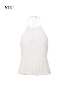 Áo hai dây dáng suông thanh lịch, lãng mạn, hở lưng, xếp ly, chất liệu vải dệt của YIU dành cho nữ, thích hợp cho kỳ nghỉ hè, ngày Valentine. - Kem - Xem 2