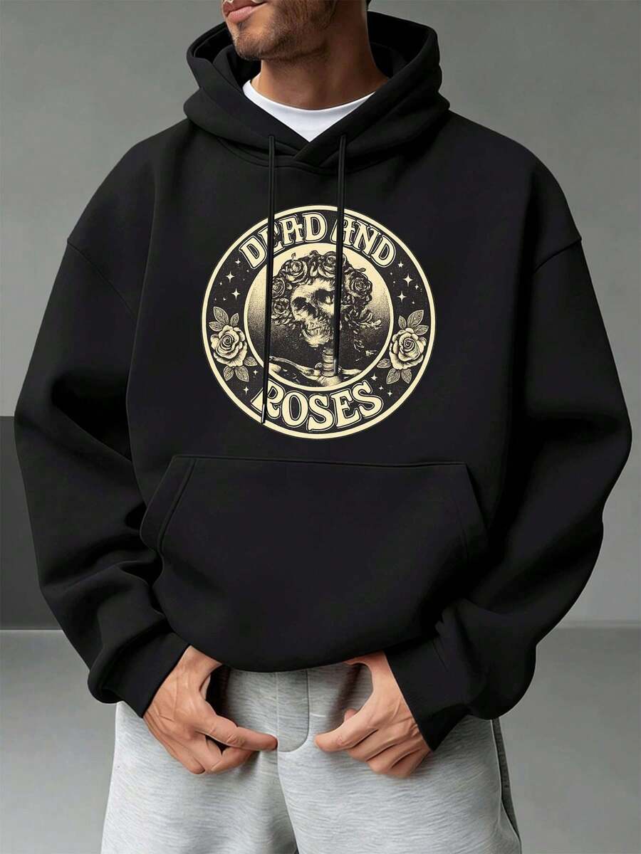 Men's Hoodie With Skull And Rose Print, Premium Cotton, Crew Neck, Comfortable Fit, Eye-Catching Print. - Black - View 1