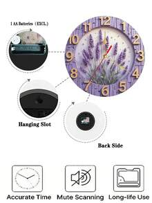 Reloj de pared de cuarzo lavanda de 10/12 pulgadas - Silencioso, funciona con pilas (pilas no incluidas), diseño plano 2D, decorado con flores de lavanda moradas y hojas verdes - Perfecto para la sala de estar, la cocina, la decoración de la habitación o como regalo, Reloj de pared de cocina | Decoración con encanto rústico | Reloj a pilas - Multicolor - Ver 5