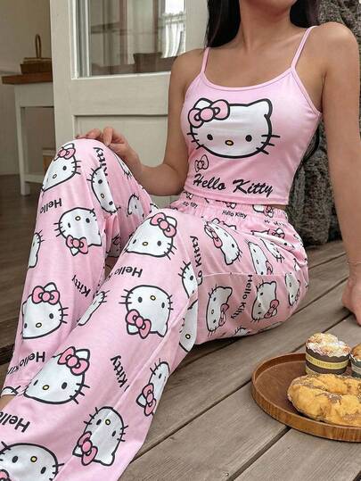 SANRIO 1 Set Women Cute Printed Pajama Set, Camisole & Shorts, Comfortable Loungewear For Spring, Summer, Autumn