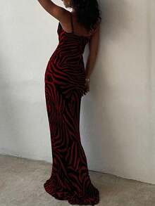 Plus Size Sexy & Elegant Deep V-Neck Fitted Zebra Print Maxi Dress, Showcasing Feminine Charm, Suitable For Vacation And Everyday Wear Party Summer - Red - View 2