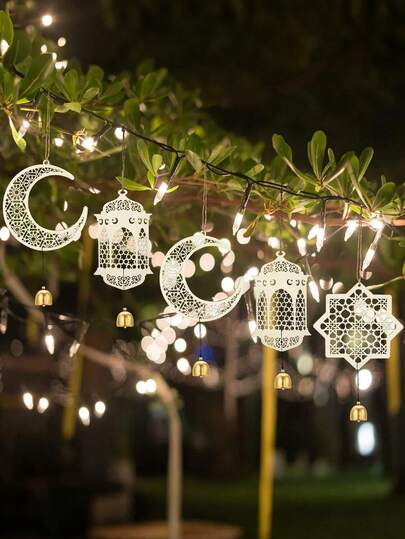 6pcs/Set Wooden Pendant Decor, Ramadan Blessings Decor, Moon & Star Lantern Shaped Pendants With Golden Windchimes, Ideal For Ramadan Home Decor, Wall Decor, Party Backdrop, Holiday Decoration, Eid And Ramadan