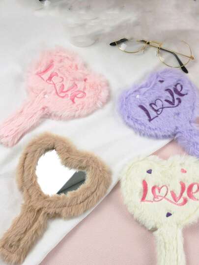 开斋节爱心造型女孩毛绒刺绣时尚化妆手持镜 情人节妇女节手持手柄镜