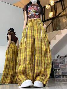 复古美式撞色格纹筒裤，夏季女款，宽松抽绳设计，休闲百搭。 - 黃色 - 查看 5