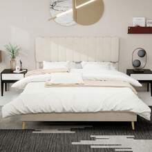 Modern Minimalist Upholstered Bed With Plush Headboard, 160x200 Cm, Beige, Multifunctional Bedroom Furniture, Low Slatted Base Without Storage (Without Gas Spring), Mattress Not Included. - Beige + Fabric + Metal + Memory Foam - View 2
