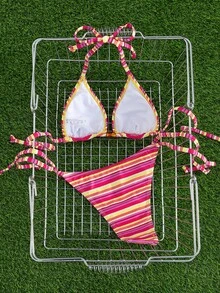 新款时尚欧美女士撞色条纹挂脖系带比基尼套装，三角上衣和下装