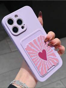 1pc Simple Solid Purple TPU 2-In-1 Card Holder Phone Case With Heart Shape Element, Anti-Fall, Anti-Slip, Full Coverage Phone Case Compatible With Apple/Galaxy/Redmi/OPPO/ 17 Pro Max/ 16 Pro Max/ 14 Pro Max/Galaxy A07 - Multicolor - View 3