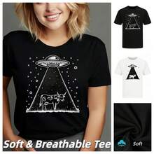 Camiseta suave y transpirable con estampado gráfico de vaca abducida por OVNI, diseño divertido de verano, playera oversized con estampado llamativo |   Top de Moda para Mujer, Blusa Holgada Y2K de Manga Corta. Estilo Vintage y Streetwear, Combina Perfecto con Jeans Altos, para Fiestas, Viajes y Looks de Noche |   Ropa de Mujer - Negro - Ver 1