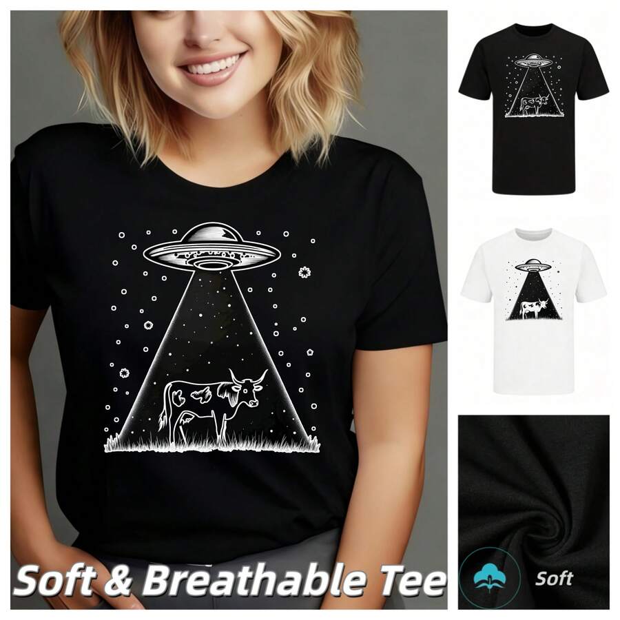 Camiseta suave y transpirable con estampado gráfico de vaca abducida por OVNI, diseño divertido de verano, playera oversized con estampado llamativo | Top de Moda para Mujer, Blusa Holgada Y2K de Manga Corta. Estilo Vintage y Streetwear, Combina Perfecto con Jeans Altos, para Fiestas, Viajes y Looks de Noche | Ropa de Mujer - Negro - Ver 1