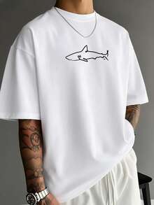 Men's Casual Simple Shark Print Drop Shoulder Loose T-Shirt - White - View 2