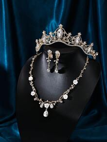 1 Set Silver Luxury & Noble Wedding Jewelry Set, Bride Necklace, Earrings, Crown 3pcs - Silver - View 4