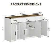 Aparador de Cocina Grande de 55 Pulgadas con 4 Puertas y 3 Cajones, Gabinete de Almacenamiento con Estantes Ajustables, Mesa de Bar para Comedor y Sala - Color blanco y madera - Ver 2