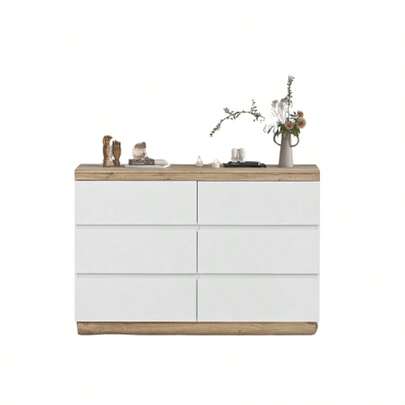 Byrå med 6 lådor, låsbart fack, förvaringsfunktion, för sovrum och vardagsrum, E1 spånskiva, vit + ek [GAMMAL REF: 30211011AAA]