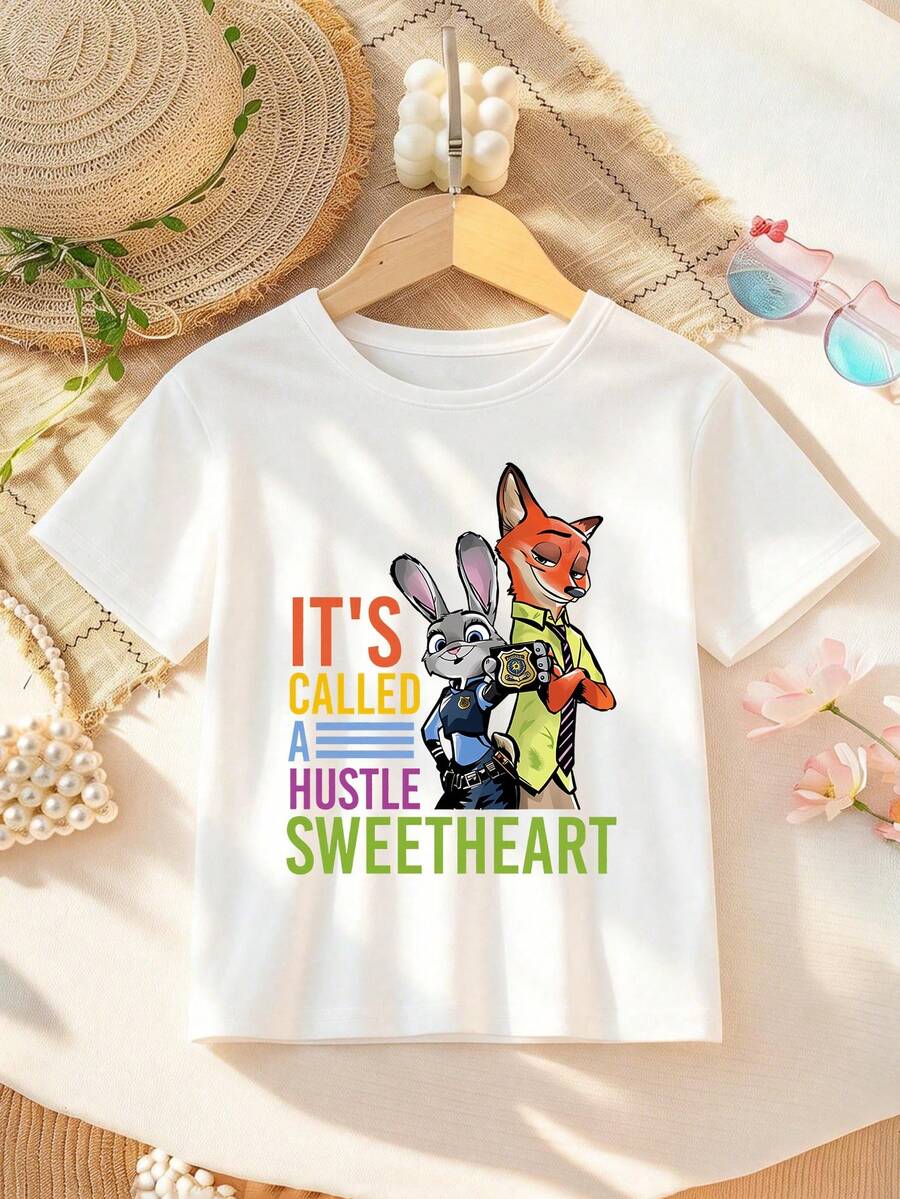 Disney Zootopia Nick Wilde And Officer Bunny Alphabet Print Pattern Girls' T-Shirt - Children's Clothing Design Short-Sleeve Casual Cute Style Comfortable And Relaxed Suitable For Boys And Girls, Perfect For Parties And Play Machine Washable Gift Children's Clothing Girls' Short-Sleeve Shirt - White - View 1