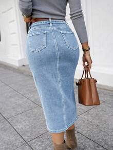 Denimkjol med hög midja kvinnor, enkelknäppt frontslits Bodycon Stretchy midi jeanskjol - Ljustvätt - Visa 3