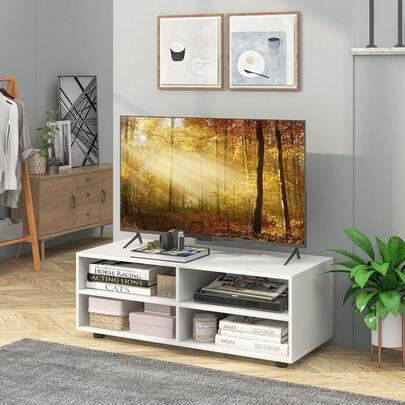  COSTWAY 4-Cubby TV Stand With Storage, TV Console Table With Adjustable Shelves, Cable Management Hole & Cover, Modern Home Media Entertainment Center For Living Room, For TV Up To 40", White