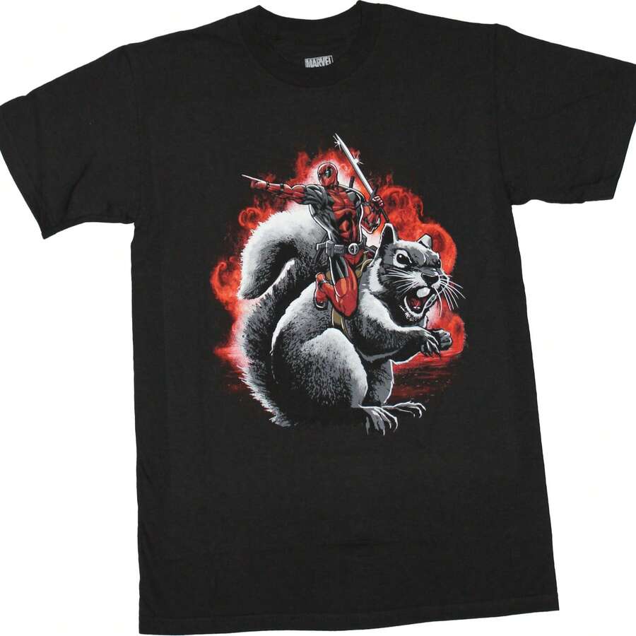 Deadpool New Adult T-Shirt - Pointing While Riding Squirrel - 黑色 - 查看 1