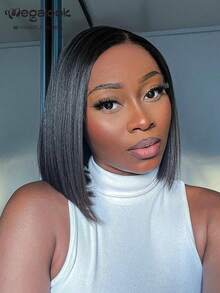 MEGALOOK V型分缝直发假发，100%真人发，无胶假发，女士直发波波头假发，巴西雷米真人发，自然色，10-12英寸，150%密度 - 新手友好，自然逼真，日常佩戴，适合办公室、僵尸新娘、万圣节、派对、Y2K、坏女孩、度假、户外角色扮演、校园、学校假期、圣诞节、派对、婚礼、节日等场合，适合所有女性。 - SNatural - 查看 3