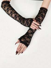 1 双黑色蕾丝花朵设计手套，新娘婚礼手部装饰 - 适合单身派对和婚礼装饰手套，万圣节，情人节，秋季配饰 - 彩色 - 查看 13