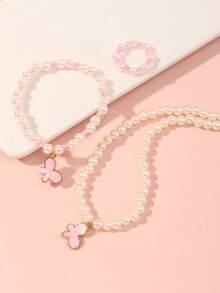 3pcs/Set Fashionable Faux Pearl Beaded Butterfly Pendant Necklace, Ring, Bracelet Jewelry Set, Cute & For Teens - Multicolor - View 9