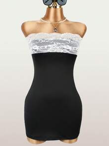夏季性感女装蕾丝短裙约会之夜女装露肩派对女装 - 黑色 - 查看 4