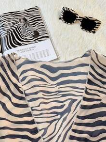 Floral Chiffon Cardigan Tie Knot Front Tops Half Sleeve Casual Summer Blouse Zebra Pattern - Brown - View 2