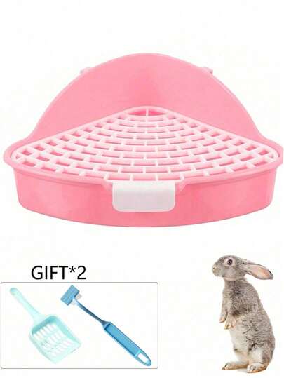 1pc Pink Rabbit Corner Litter Potty Trainer - Small Animal Cage Toilet Training Box For Guinea Pig, Ferret, Hamster (Not For Adult Rabbits/Large Rats) | Cage Corner Pet Litter Container With Free Fecal Scoop & Cleaning Brush | Valentine's Day Pet Supplies