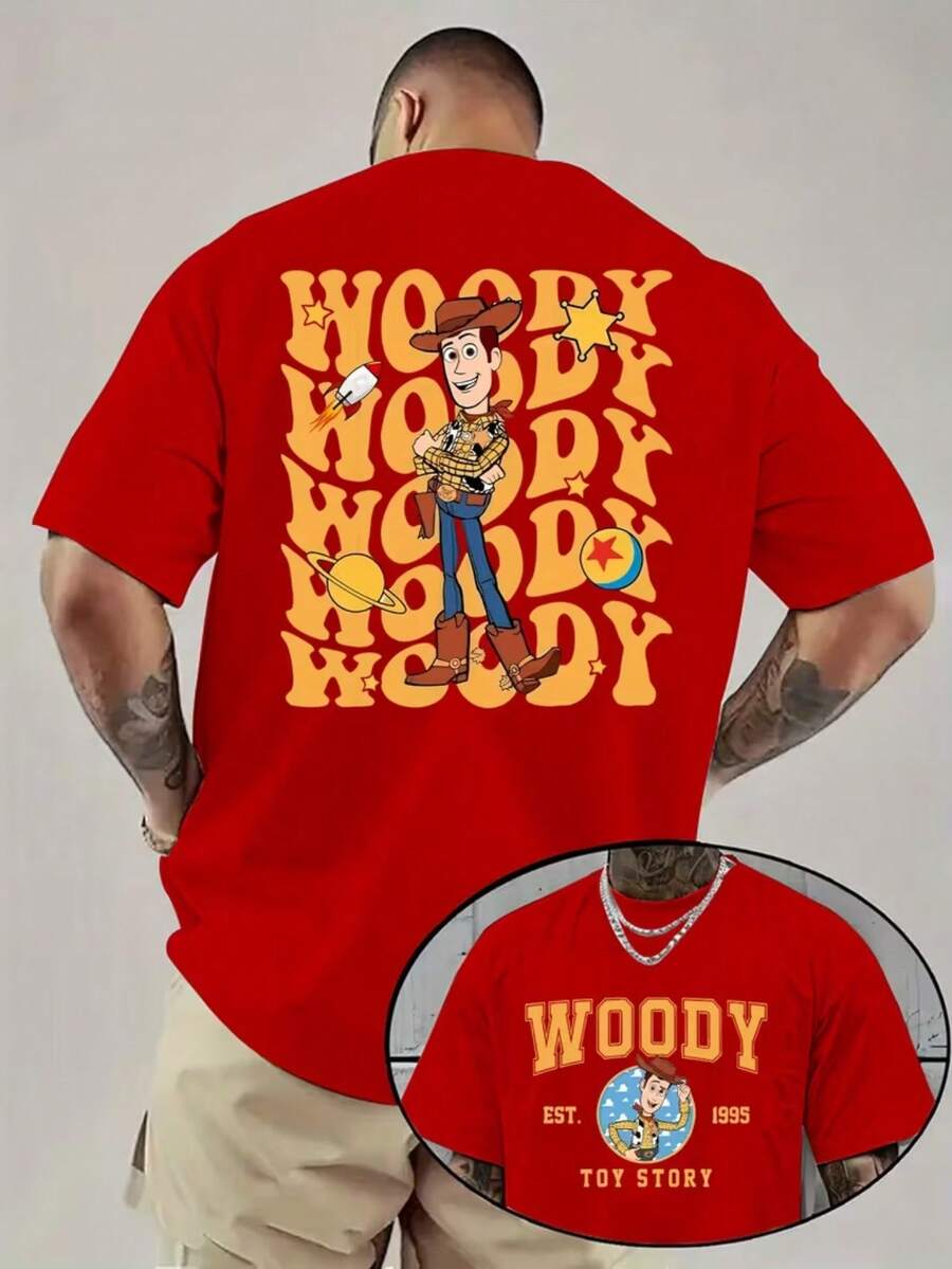 1 Disney Toy Story Cartoon Men's T-Shirt-Cartoon Pattern, Dark Background, Breathable Light Fabric, Regular Round Neck And Short Sleeves, Necessary For Birthday Parties, Exclusive To Racing Fans-Official Disney Pixar Movie Peripheral Gifts, Summer Costumes, Interesting Design, Comfortable To Wear. - Red - View 1