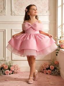 XUMPLO Young Girl' Cute Spaghetti Strap 3D Bow Layered Tulle Party Dress, Flower Girl Dress, Puff Skirt, Wedding, Birthday Party, Photo Shoot, Spring/Summer - Pink - View 3
