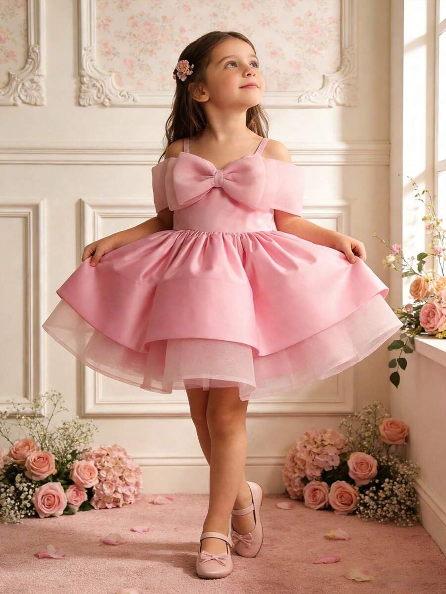 XUMPLO Young Girl' Cute Spaghetti Strap 3D Bow Layered Tulle Party Dress, Flower Girl Dress, Puff Skirt, Wedding, Birthday Party, Photo Shoot, Spring/Summer - Pink - View 1