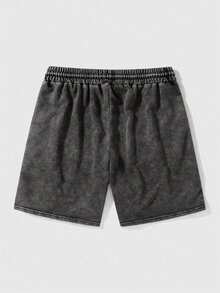 男士新款水洗复古短裤，街头风优质纯棉Emo图案黑色水洗短裤，休闲酷炫日常穿搭，英文印花水洗短裤，百搭黑色纯棉水洗短裤，Y2K风格，适合日常穿着 - 黑色 - 查看 3