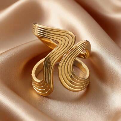 1pc Stainless Steel Open Ring - Modern Punk Jewelry With Openwork Band, Edgy Unisex Ring For Women & Men, Music Festival, Birthday, Everyday Jewelry Gift - Durable Stainless Steel Construction, Fashion Accessory, Abstract Geometric Design, Sleek Polished Finish, Goldplated Jewelry