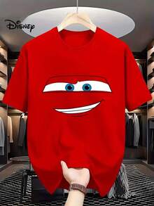 Disney Car Lightning McQueen Facial Contour Men's Red And Blue Cartoon Printed T-Shirt-Casual Round Neck Short Sleeve T-Shirt, Comfortable And Fashionable, Suitable For Home And Outdoor Activities, Is The Perfect Gift Choice, Casual T-Shirt Playful Pattern T-Shirt | Elastic Fabric - 紅色 - 查看 1