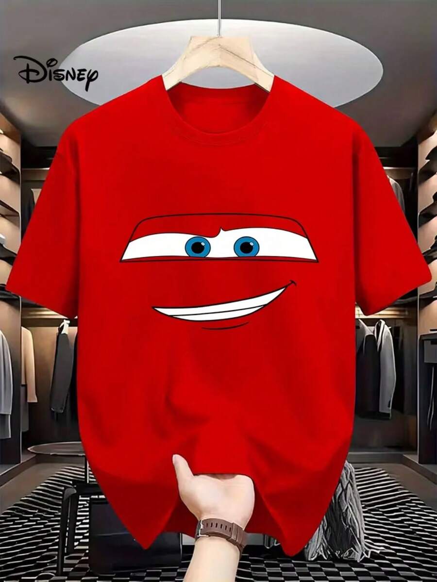 Disney Car Lightning McQueen Facial Contour Men's Red And Blue Cartoon Printed T-Shirt-Casual Round Neck Short Sleeve T-Shirt, Comfortable And Fashionable, Suitable For Home And Outdoor Activities, Is The Perfect Gift Choice, Casual T-Shirt Playful Pattern T-Shirt | Elastic Fabric - 紅色 - 查看 1