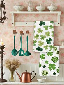 2条格子波点四叶草厨房毛巾，圣帕特里克节主题，可用作厨房擦手巾，适合农舍厨房、家庭室内餐具擦干。 - 綠色 - 查看 1