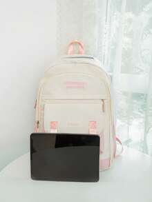 字母图案经典背包，配有卡通挂饰和学院风徽章装饰，适合上学使用 - 粉色 - 查看 5
