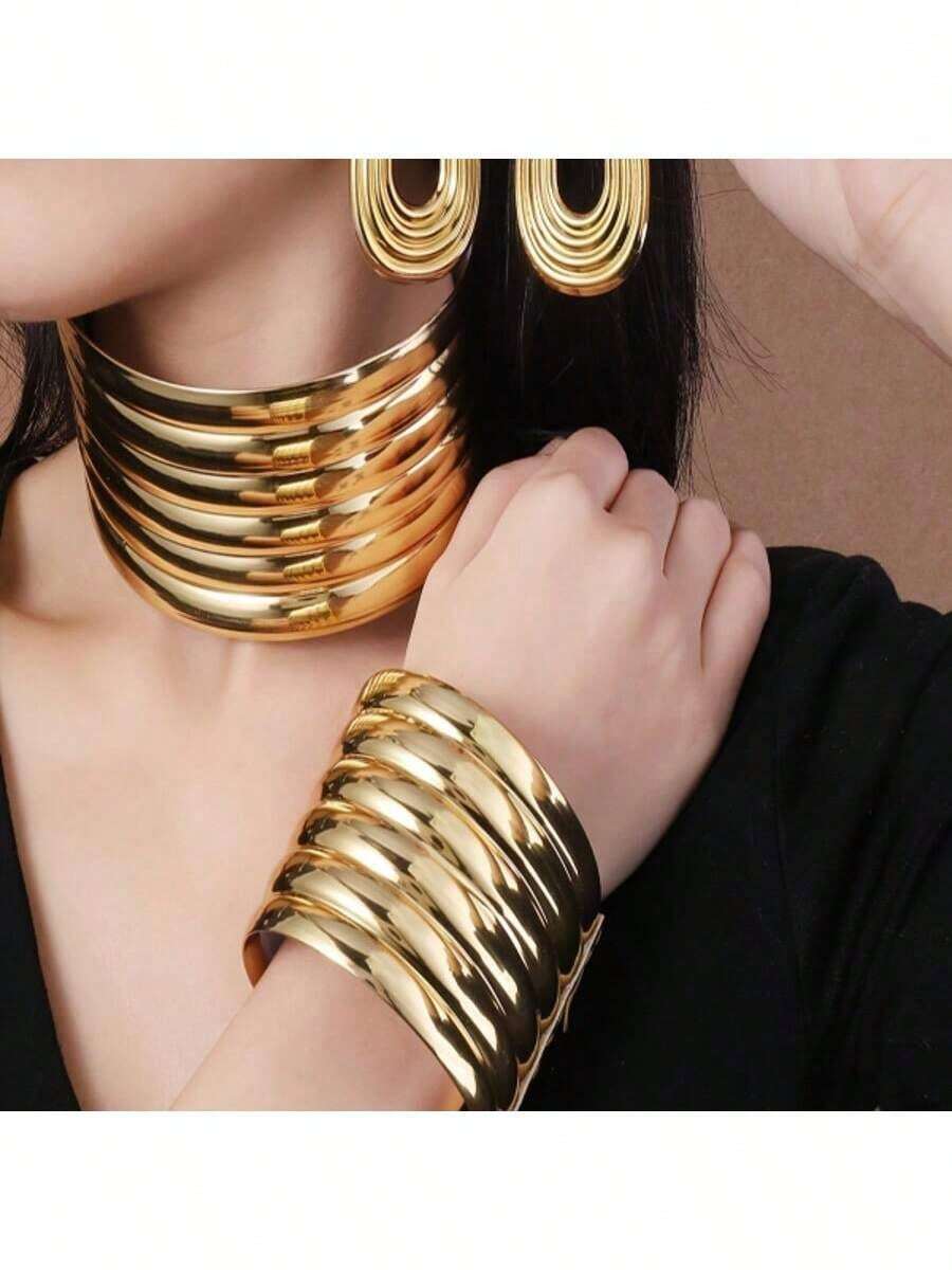 Handmade Leather Vintage Boho Necklace Bracelet Earrings Set, Suitable For Formal Party, Vacation, African, Middle Eastern, Southeast Asian Style - Yellow Gold - View 1